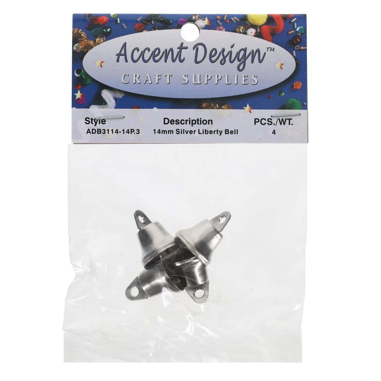 PA Essentials Liberty Bell 14mm 4pc Silver – Small Bells That Ring, Mini & Tiny Bells for Crafts, Decorative Liberty Bell, Craft Bells for DIY & Holiday Decorations